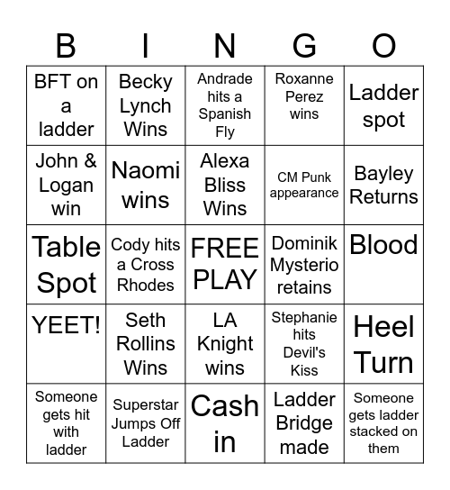 WWE MONEY IN THE BANK Bingo Card