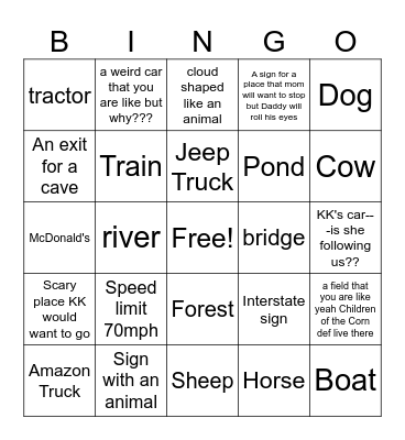 Indiana Road Trip Bingo Card