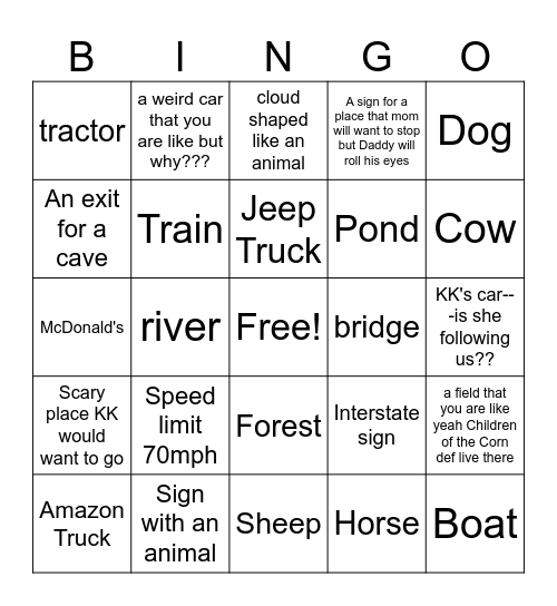 Indiana Road Trip Bingo Card