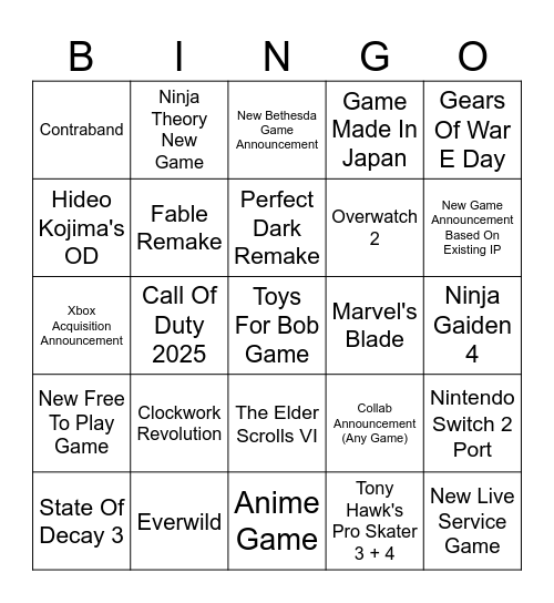 Xbox Showcase 2025 Bingo Card