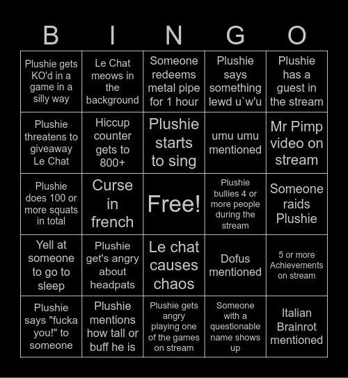 Plushie 12 Hour stream bingo Card