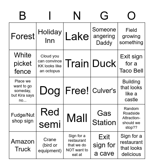 Road Trip #2 Bingo Card