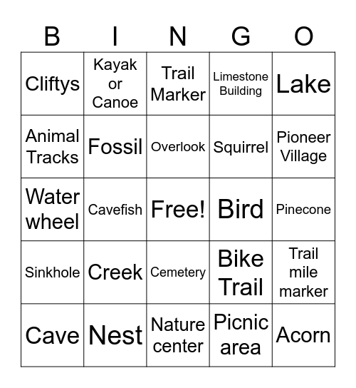 Clifty Falls/Spring Mill Bingo Card