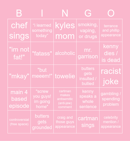 south park Bingo Card