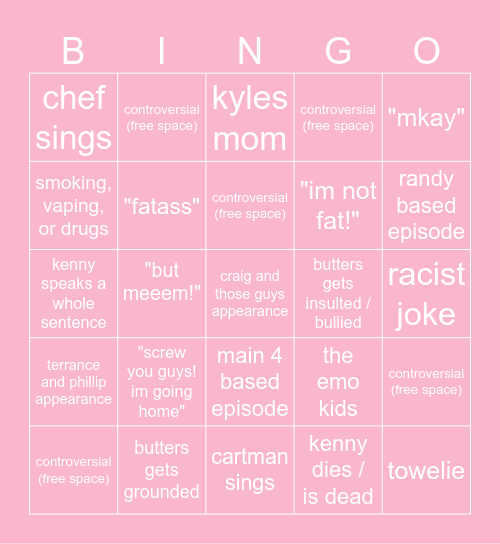 south park Bingo Card
