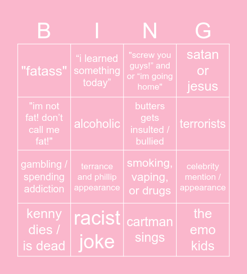 south park Bingo Card