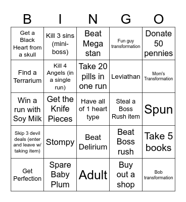 The Binding Of Isaac Bingo Card