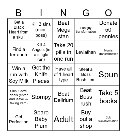 The Binding Of Isaac Bingo Card