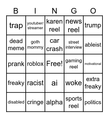 Instagram reel bingo Card