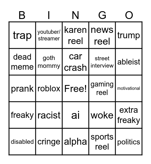 Instagram reel bingo Card