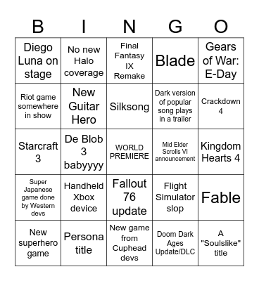 XBOX SHOWCASE Bingo Card
