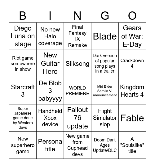 XBOX SHOWCASE Bingo Card