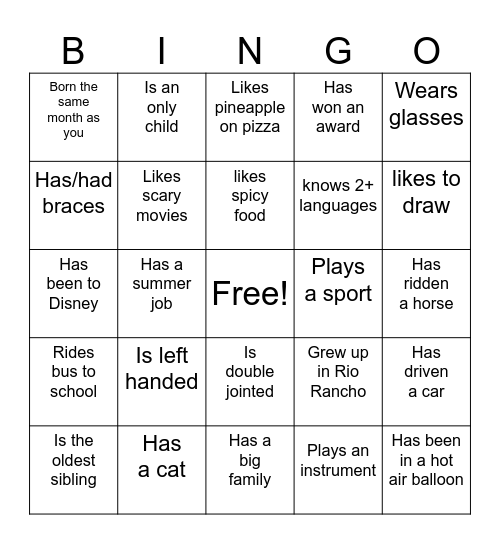 RRPD Student Police Academy BINGO Card