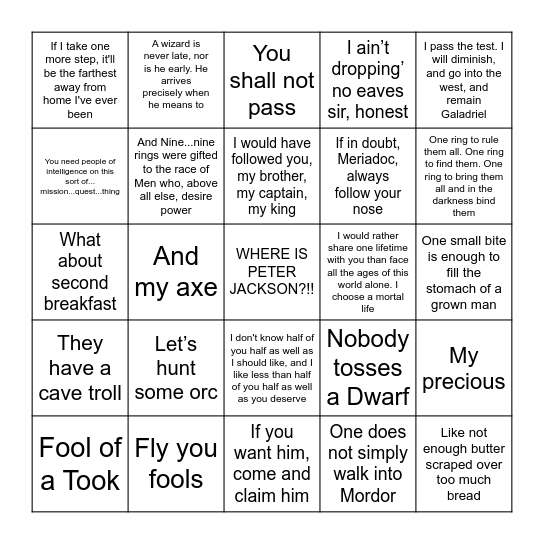 LOTR: The Fellowship of the Ring Bingo Card