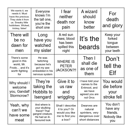 LOTR: The Two Towers Bingo Card