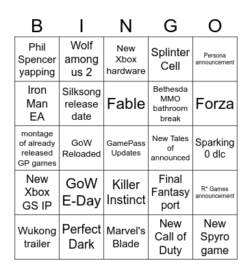 Xbox Showcase 2025 Bingo Card