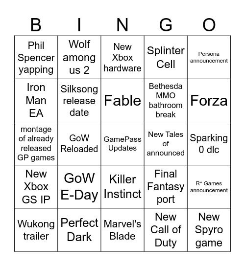 Xbox Showcase 2025 Bingo Card