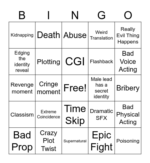 Chinese Tik Tok Drama Bingo Card