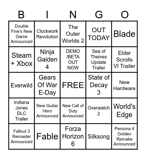 Xbox Showcase 2025 Bingo Card