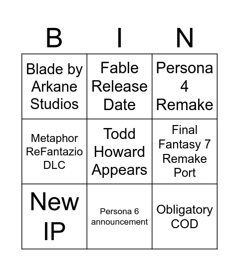 Xbox Showcase Bingo Card
