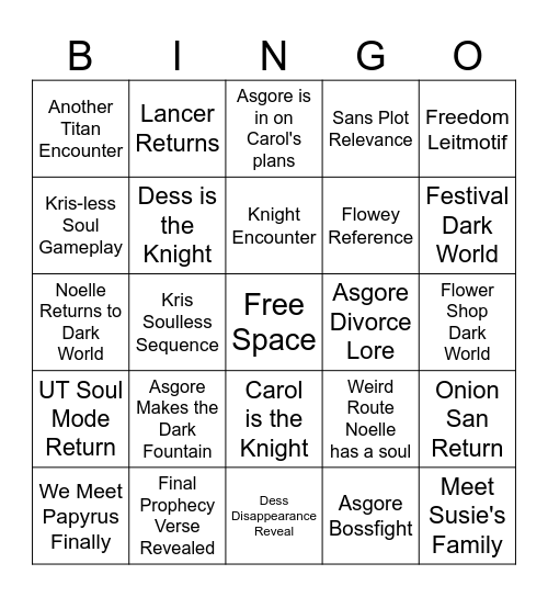 Deltarune Chapter 5 Bingo Card