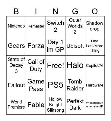 Shock2 XBOX Showcase 2025 Bingo Card