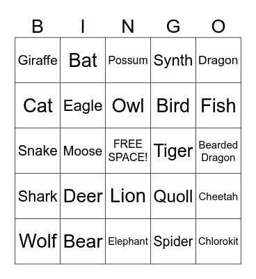 Art Fight Species Bingo Card