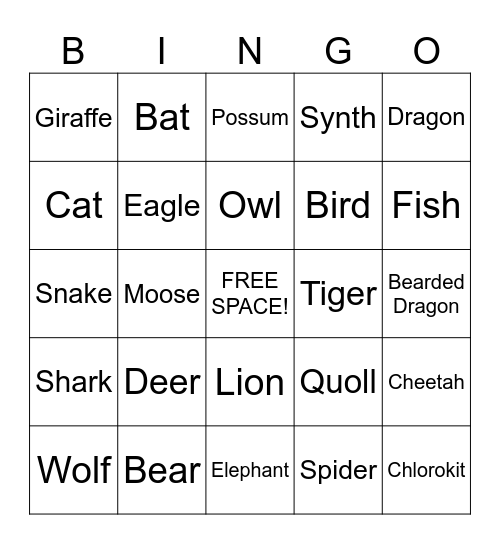 Art Fight Species Bingo Card