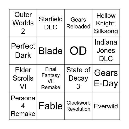 Xbox Showcase 2025 Bingo Card