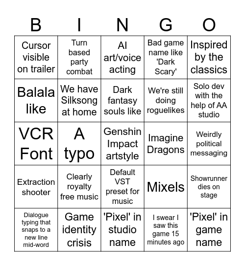 PC Gaming Showcase Bingo Card