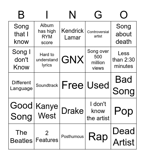 Music Roloutte Bingo Card