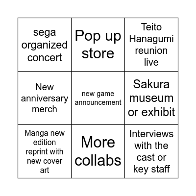 Sakura Wars 30th anniversary predictions Bingo Card