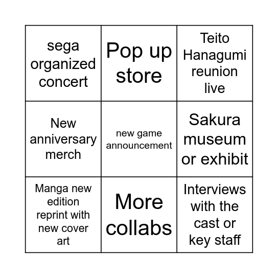 Sakura Wars 30th anniversary predictions Bingo Card