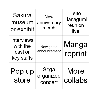 Sakura Wars 30th anniversary predictions Bingo Card