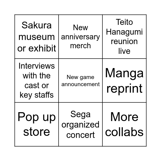 Sakura Wars 30th anniversary predictions Bingo Card