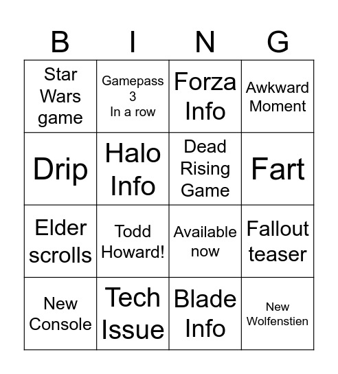 Xbox Showcase Bingo Card