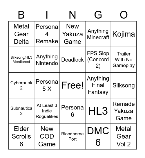 Xbox Games Showcase Bingo Card