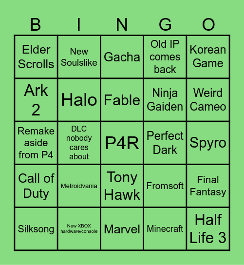 XBOX SHOWCASE Bingo Card