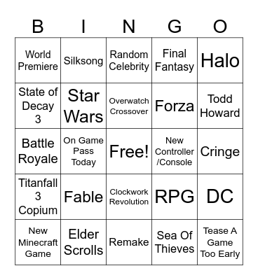 Xbox Showcase Bingo Card