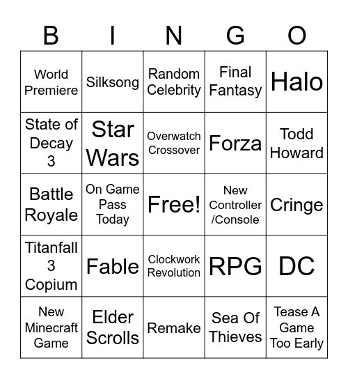 Xbox Showcase Bingo Card