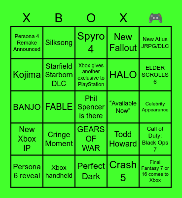 XBOX Showcase 2025 Bingo Card