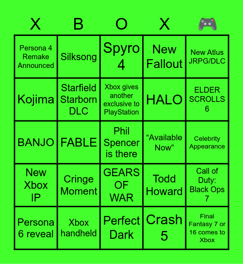 XBOX Showcase 2025 Bingo Card