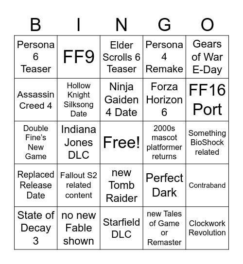 Xbox Showcase Bingo Card