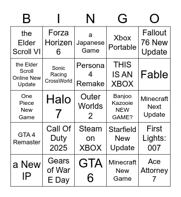 Xbox Showcase Bingo Card
