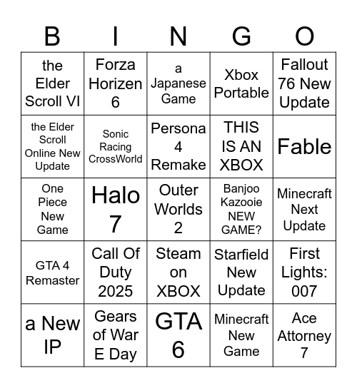 Xbox Showcase Bingo Card