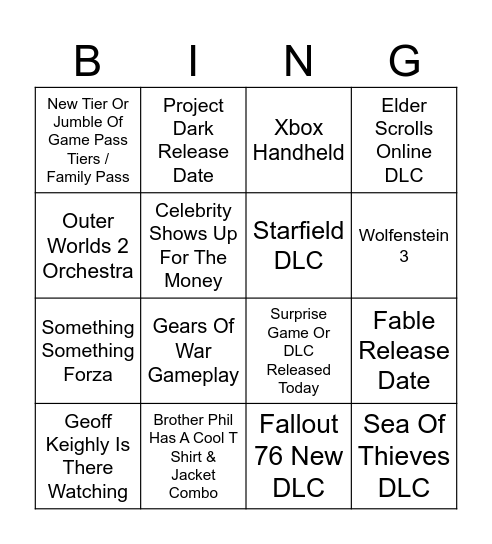 XBOX SHOWCASE Bingo Card