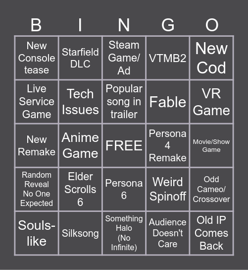 Xbox Showcase Bingo Card