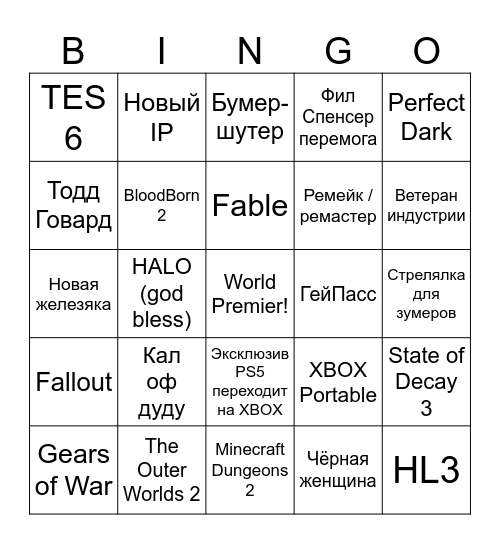 XBOX Showcase Bingo Card