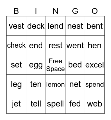 Short "e" Words Bingo Card