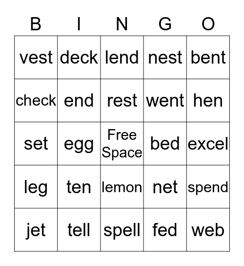 Short "e" Words Bingo Card